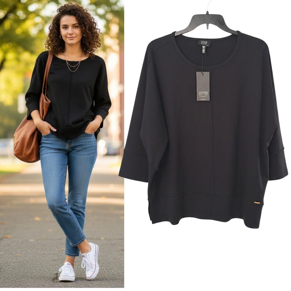 Jones New York Top Women's 1X Black Viscose Knit Scoop Neck Popover NWT